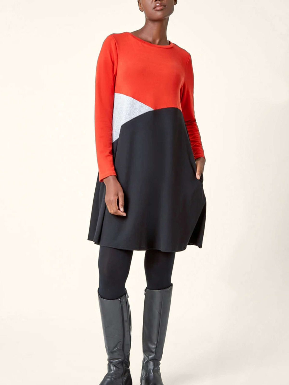 Hannah Dress Round Neck Color Block Print, Black / Black, alternate image number 1