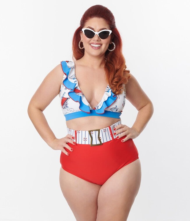 Unique Vintage White & Blue Nautical Print Ruffle Swim Top, White Blue Nautical Print / White, hi-res image number null