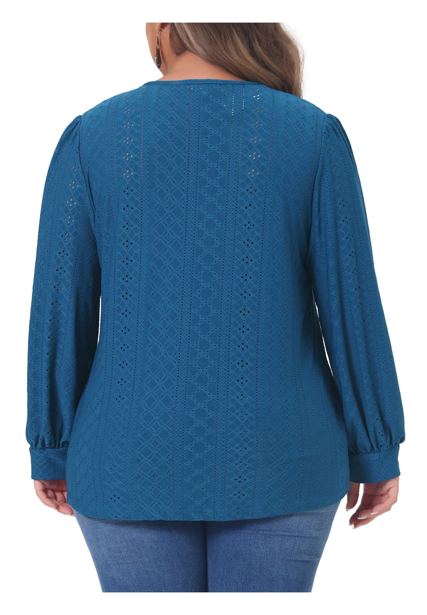 Lace V Neck Petal Long Sleeve Blouse Eyelet Hollow Top, Navy / Navy, alternate image number 3