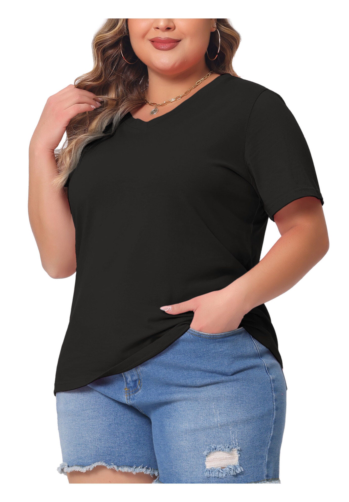 Short Sleeve V Neck Basic T-Shirt Top, Black / Black, alternate image number 3