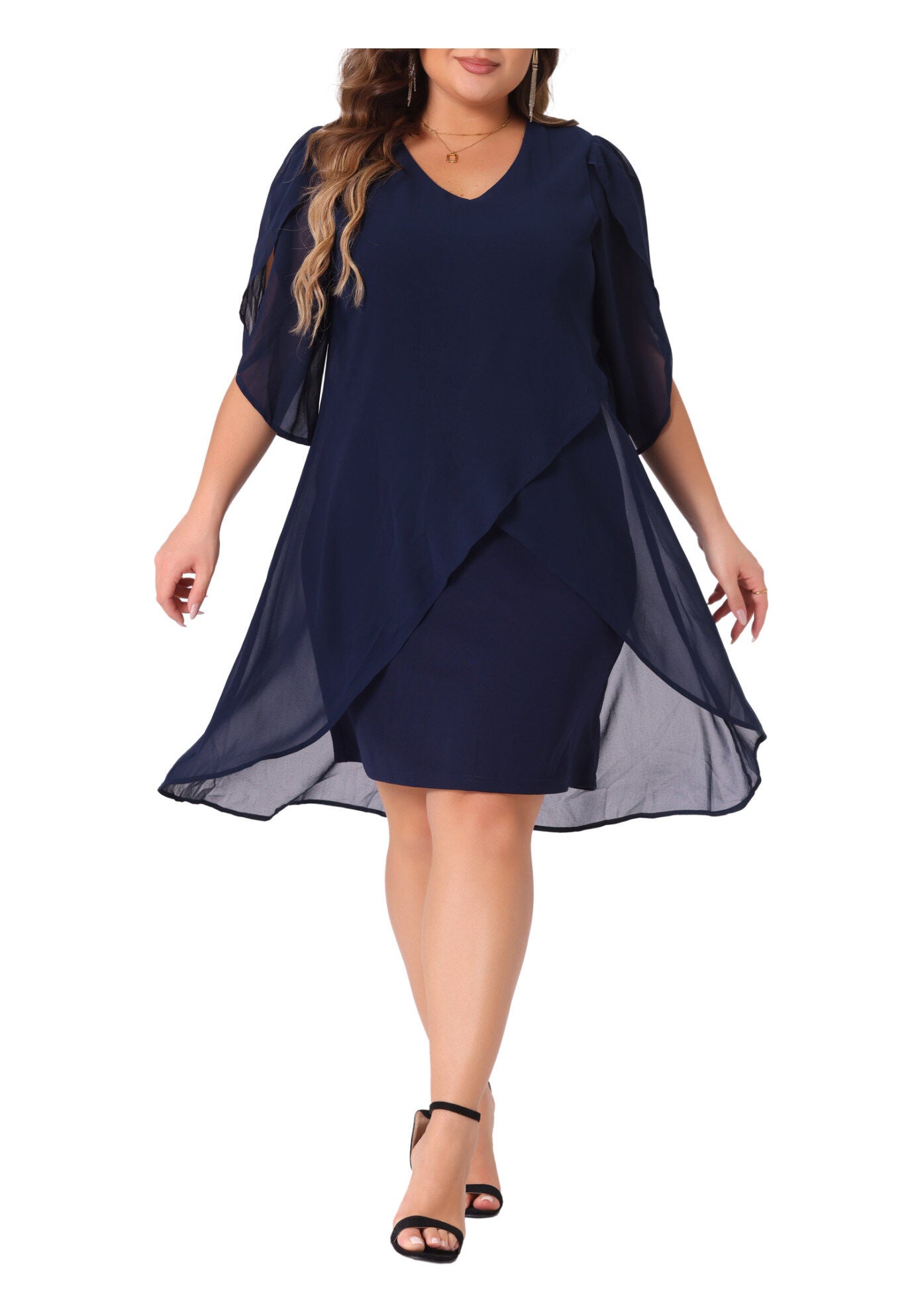 Mesh Wedding Guest Party Chiffon Cocktail Overlay Short Dress, Navy Blue / Forest Green, alternate image number 2