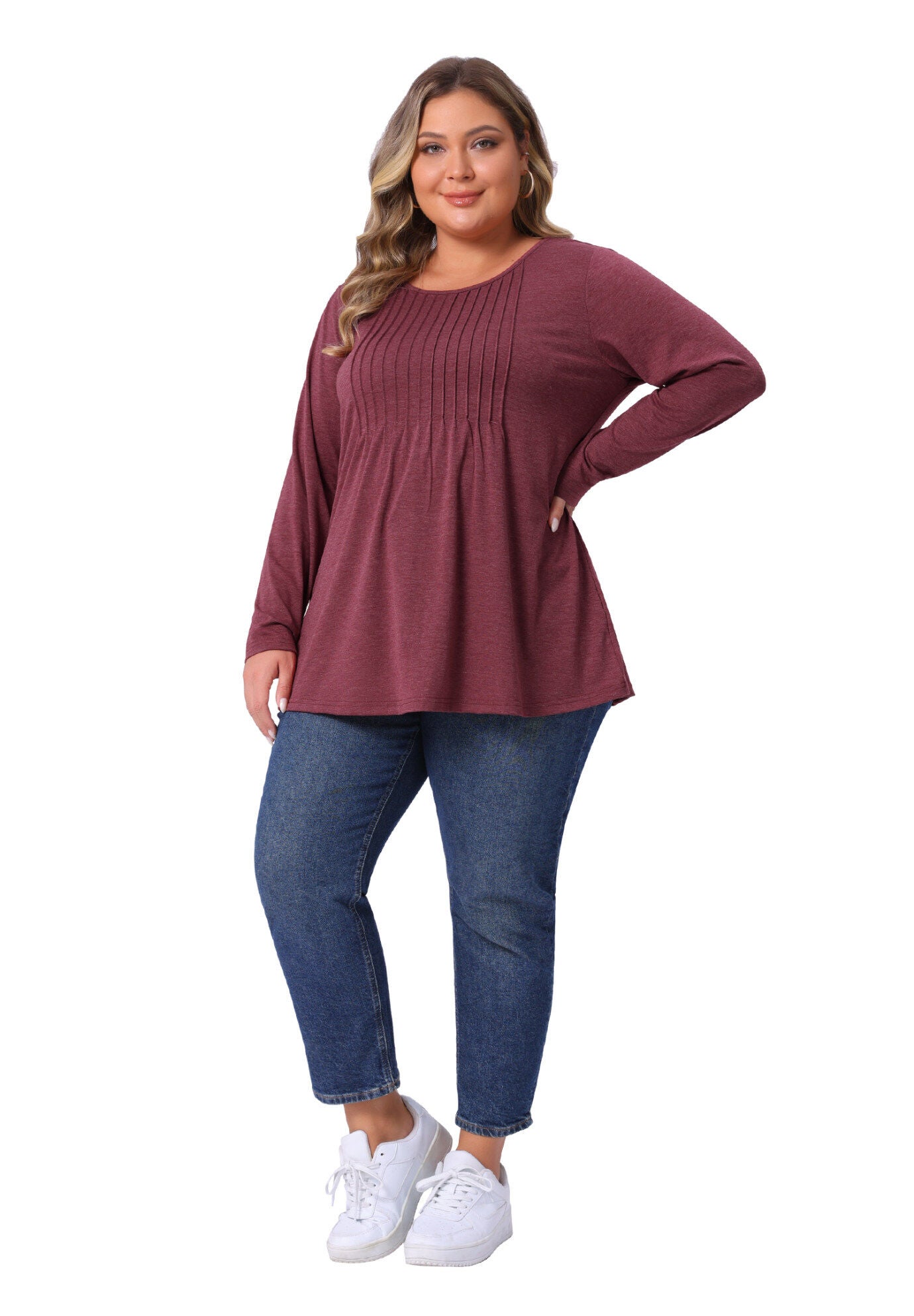 Pleated Blouses Crew Neck Casual T Shirt Tunic, , hi-res image number 0