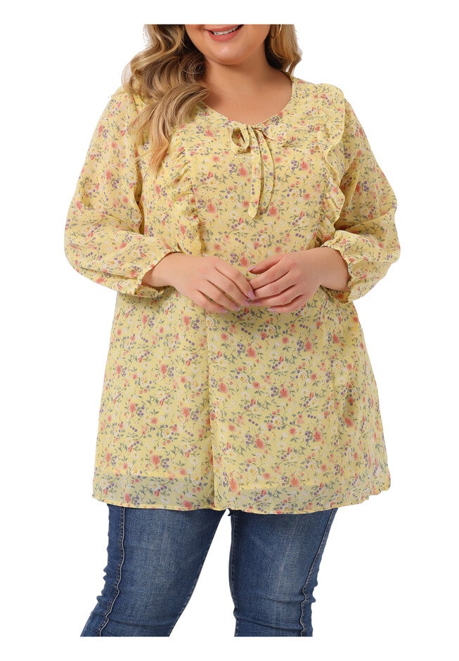 Chiffon Short Sleeve Floral Tie Neck Top, Yellow / Light Yellow, alternate image number 1