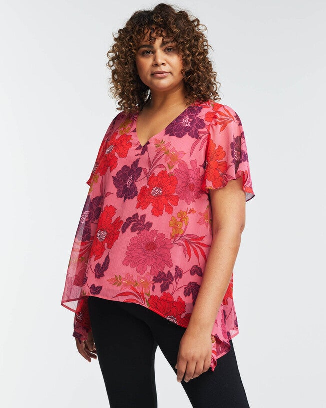 Delta Pink Floral Asymmetrical Top, , alternate image number null