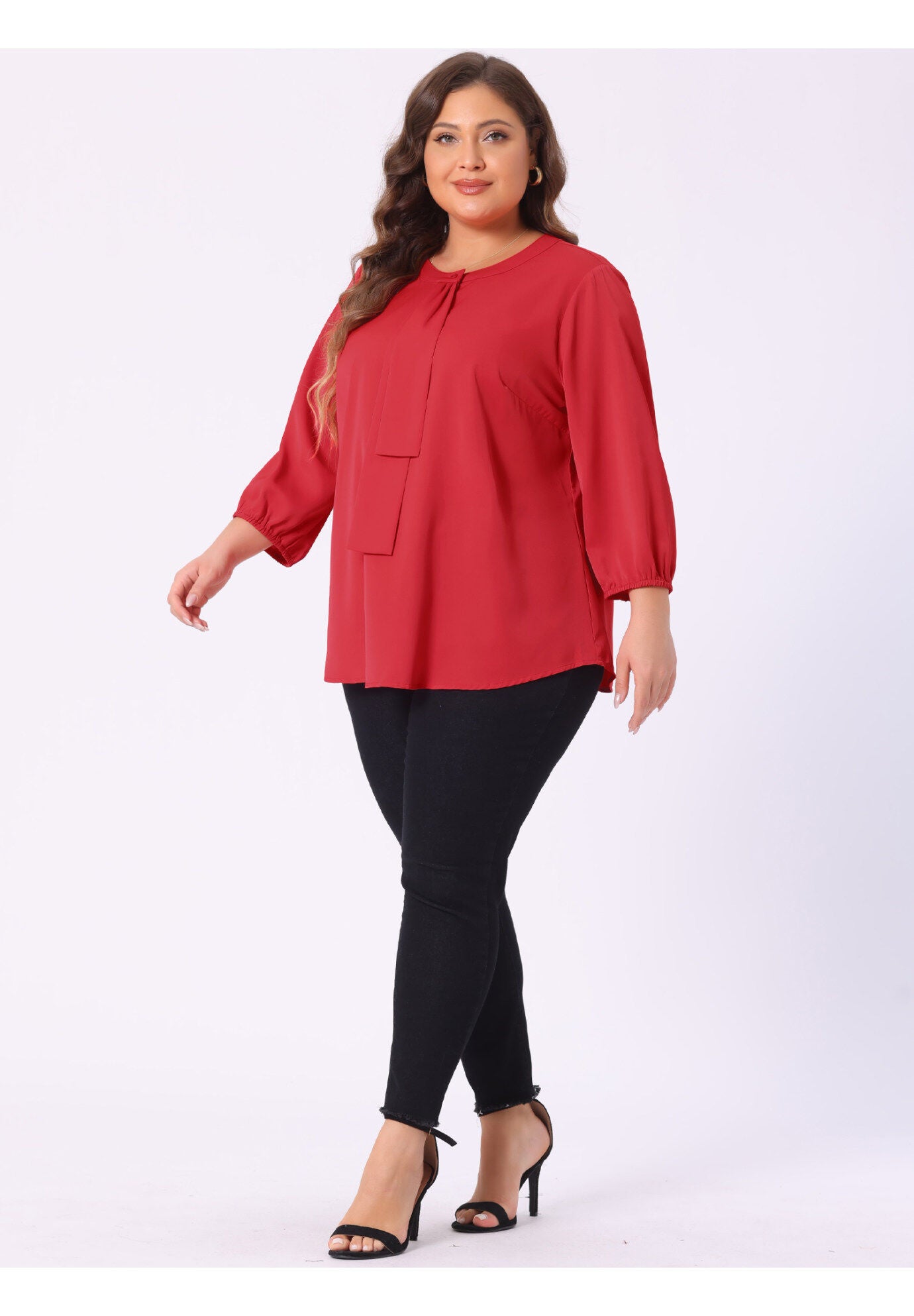 Work Round Neck Ruffle Chiffon Blouse Top, Red / Red, hi-res image number 0