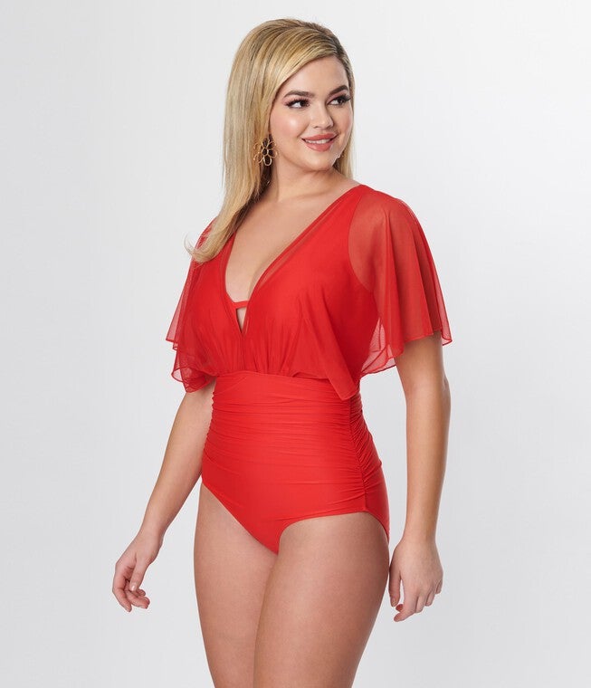 Unique Vintage Red Mesh Sleeved Torrey Swimsuit, Red Mesh / Red, alternate image number null