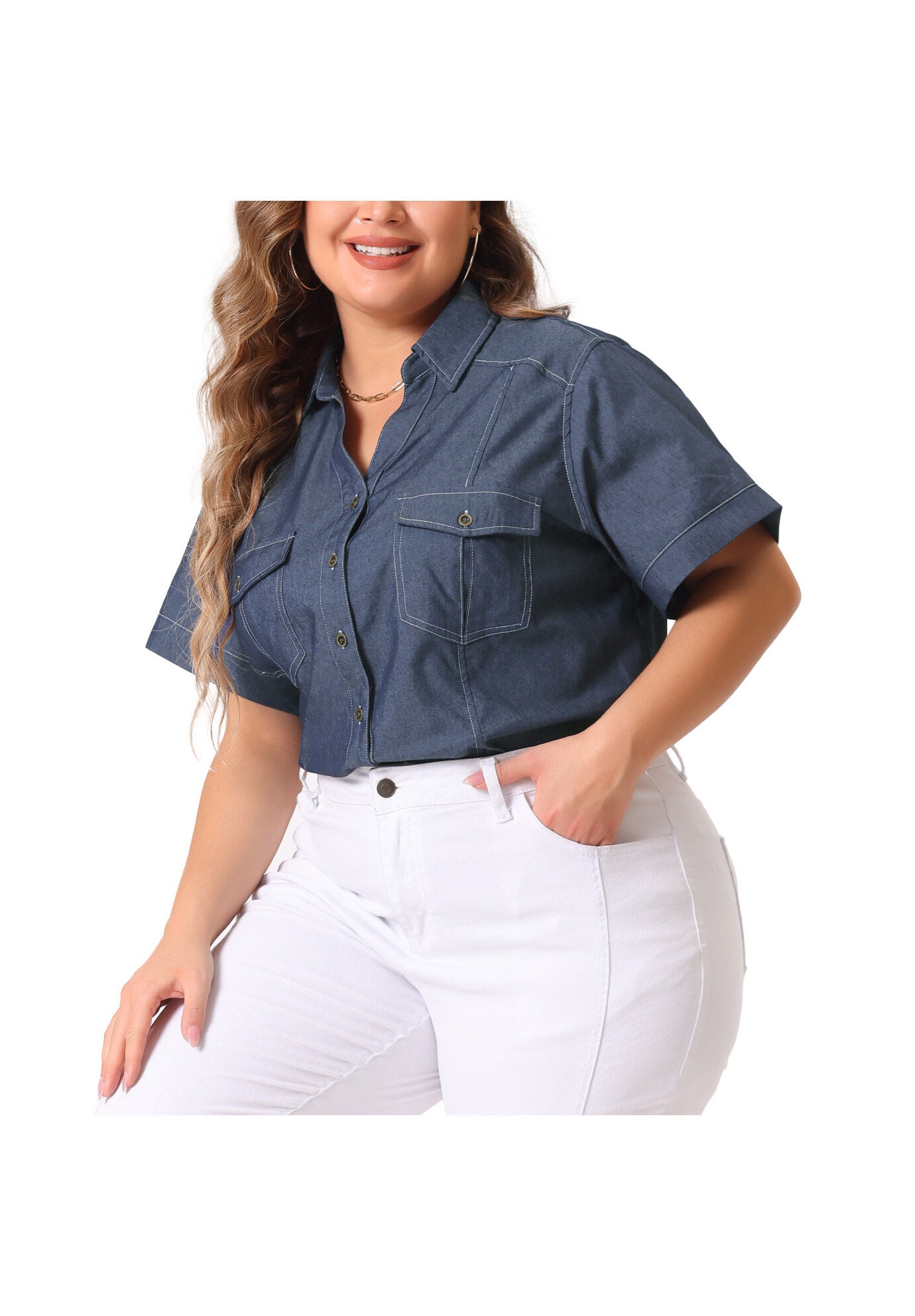 Workwear Short Sleeve Button Down Chambray Shirt, Black Blue / Chambray Denim Medium, alternate image number 1