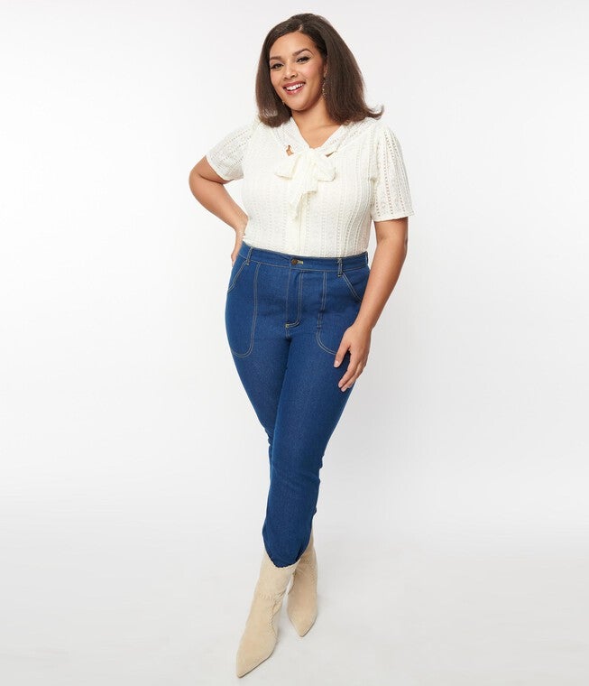 Blue Denim Cuffed Jeans, , alternate image number null
