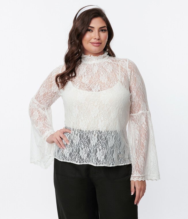 Smak Parlour White Lace Bell Sleeve Blouse, White Lace / White, alternate image number 2