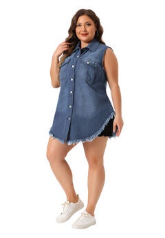 BUTTON UP FRAYED HEM SLEEVELESS JEAN DENIM VEST