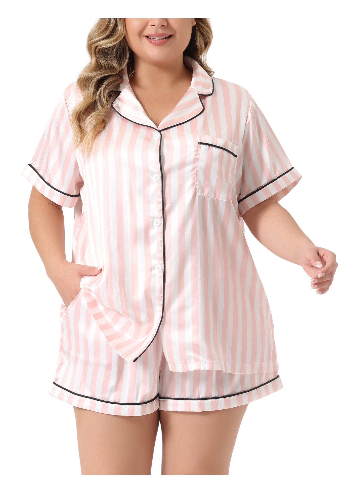 Button Shirt and Shorts 2 Pieces Lounge Set, Pink / Pink, alternate image number 2