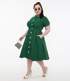 Unique Vintage 1950s Green & White Pin Dot Contrast Button Swing Dress