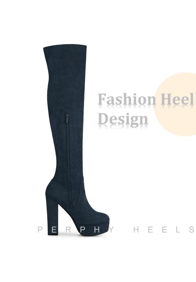 Platform Chunky Heel Over the Knee Thigh High Boots, Navy Blue / Navy, alternate image number 2