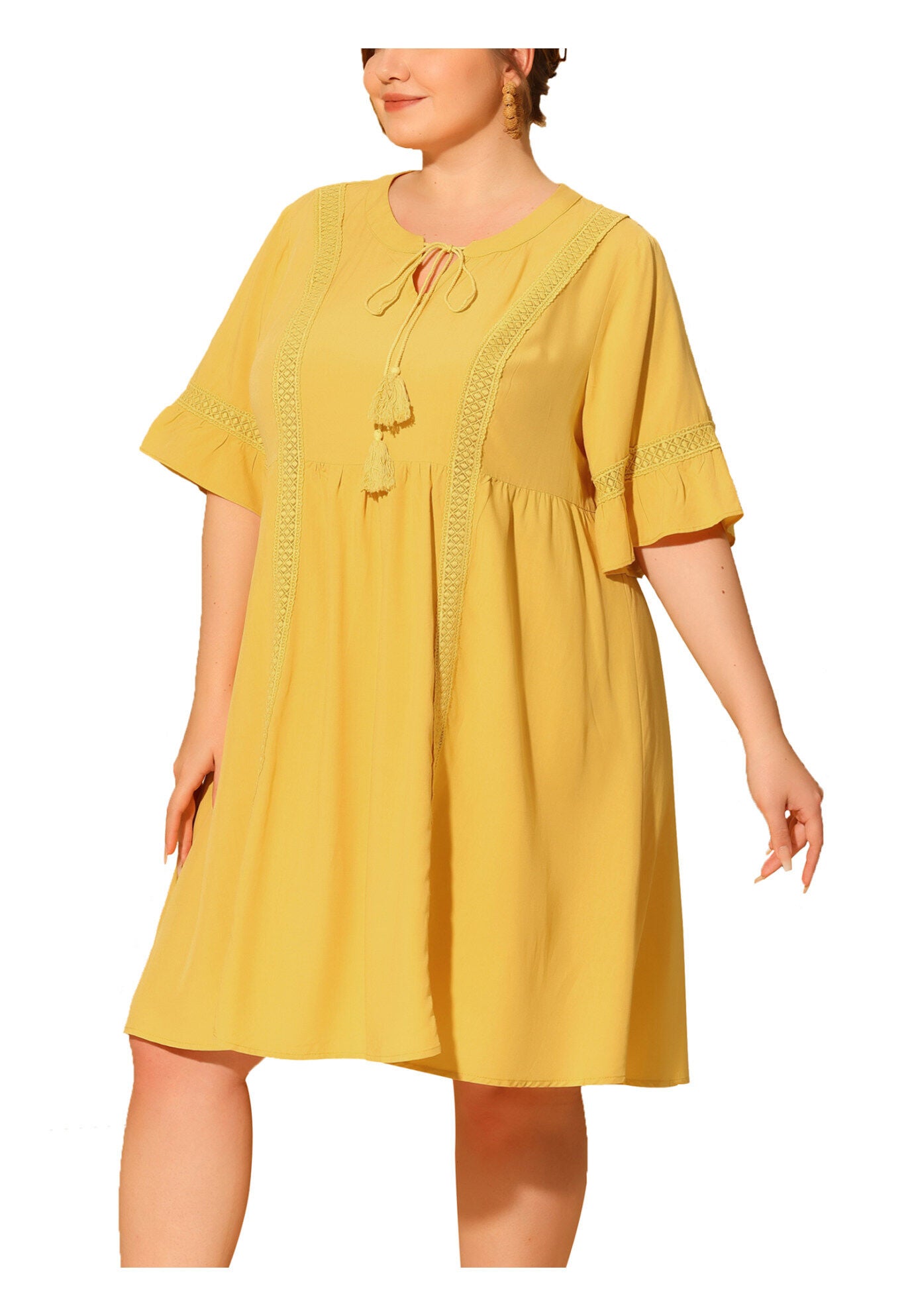 Ruffle Short Sleeve Lace Insert V Neck Tassel Bohemian Dress, Yellow / Yellow, alternate image number 2