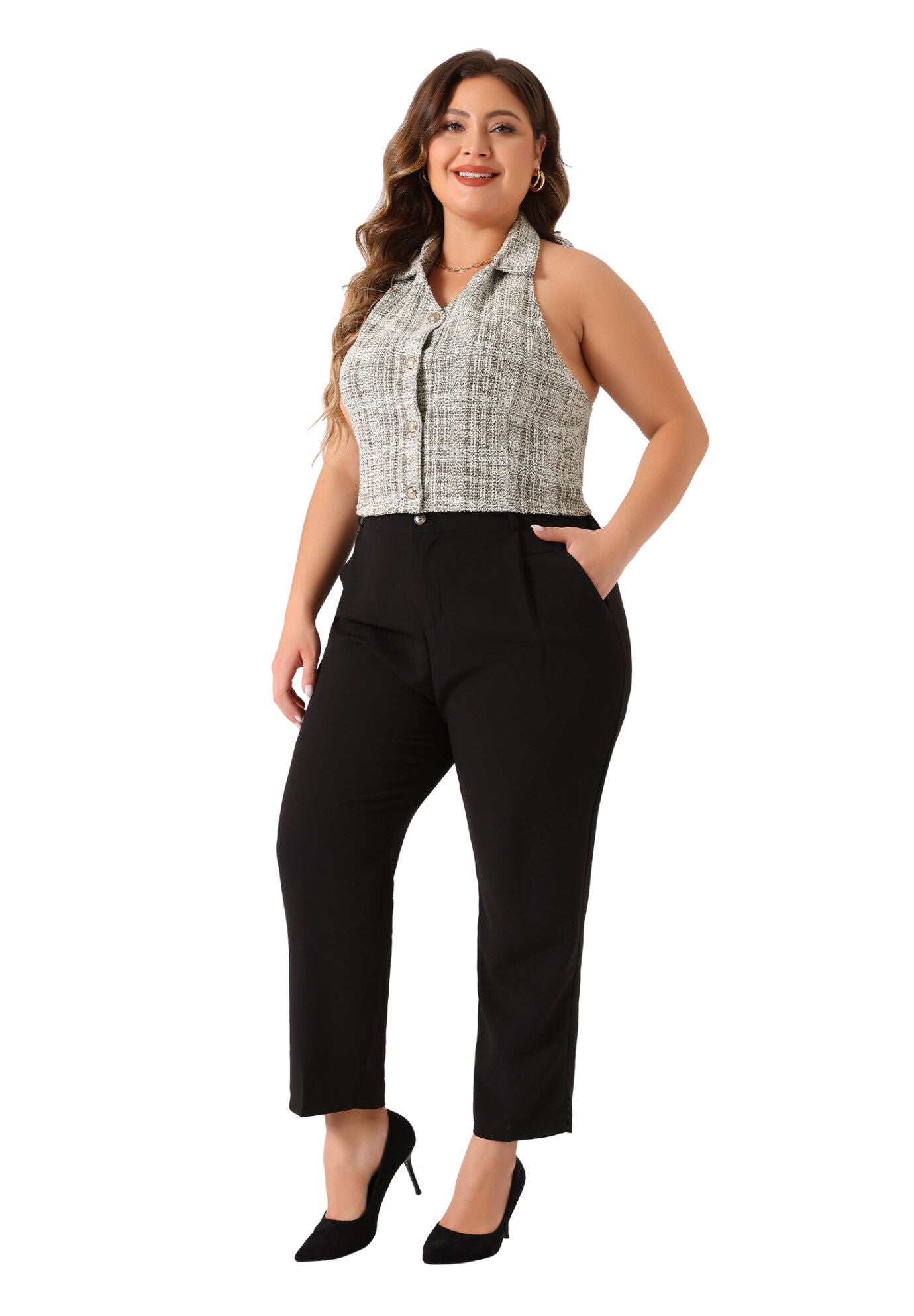 VINTAGE TWEED HALTER NECK SINGLE BREASTED VEST, White / White, hi-res image number 0