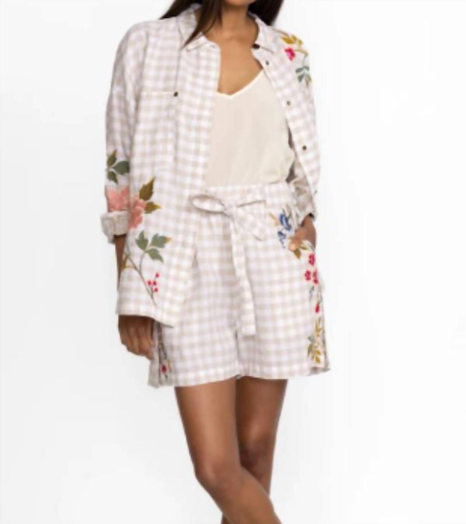 Adele Trapunto Belted Short In Plaid, Plaid / Pink, hi-res image number 0