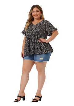 Floral Print V Neck Ruffles Sleeve Tiered Babydoll Blouse