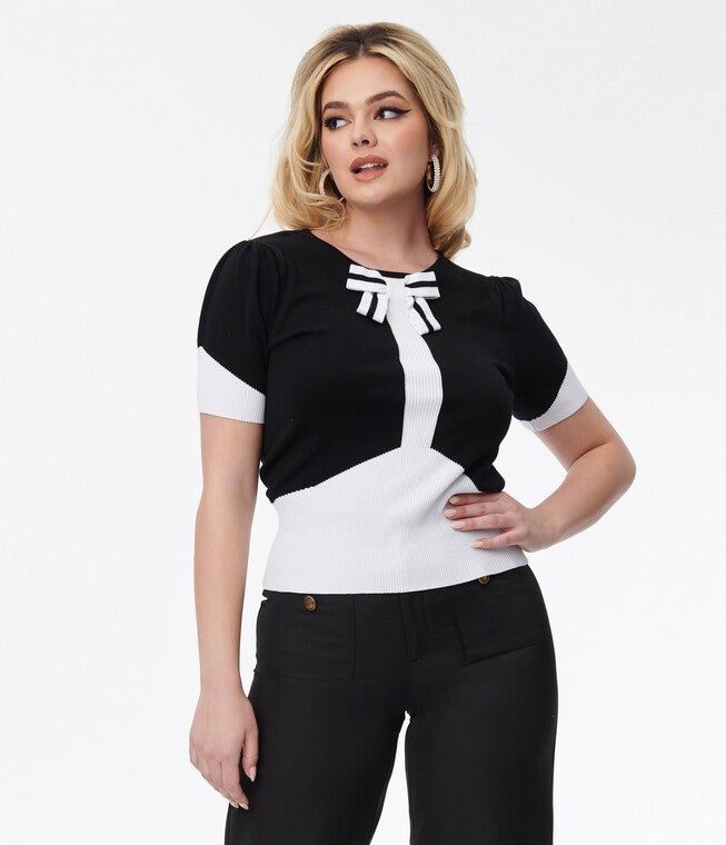Smak Parlour Black & Ivory Bow Short Sleeve Sweater, Black / Black, alternate image number 2
