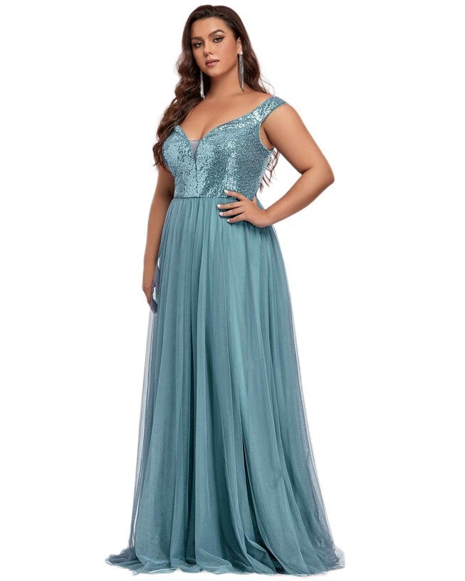 Sequin Off the Shoulder Maxi Tulle Evening Dress, Dusty Blue / Dusty Blue, alternate image number 3