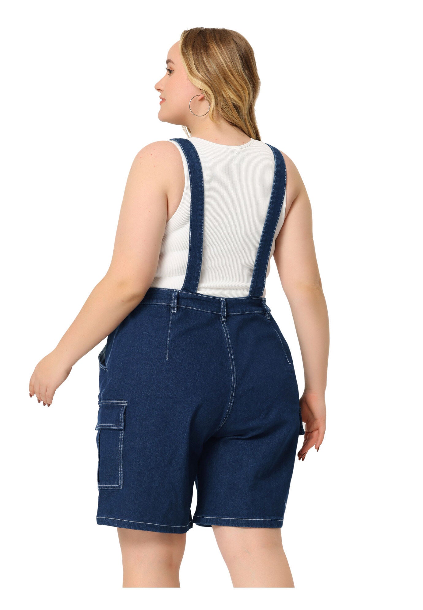 ADJUSTABLE STRAP BIB CARGO POCKET JEAN DENIM OVERALL SHORTS, Dark Blue / Navy, alternate image number 3