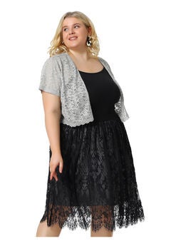 OPEN FRONT SHORT SLEEVE CROCHET LACE CROPPED BOLERO SHRUG CARDIGAN