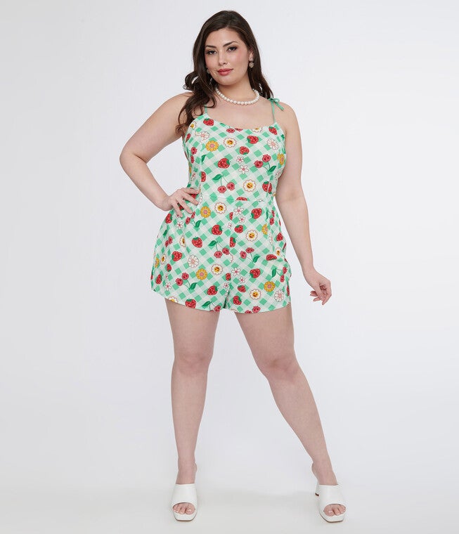 Unique Vintage 1950s Green Gingham Spooky Fruit Print Romper & Skirt Set, Green Gingham Spooky Fruit Print / Light Green, alternate image number 1