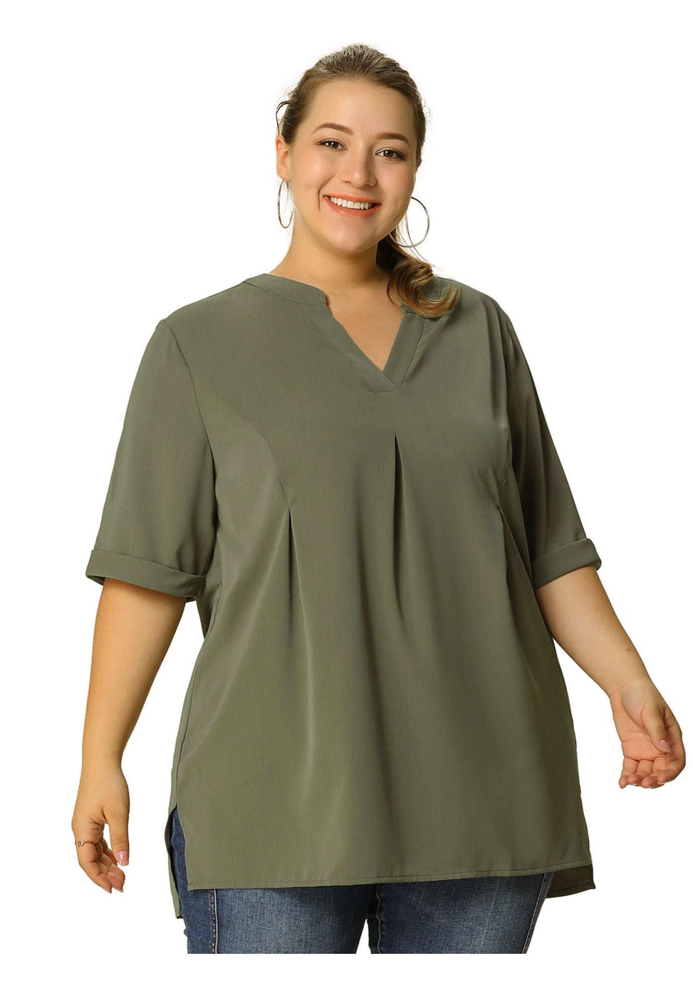 V Neck Casual Solid 1/2 Sleeve Tunic Blouse, Olive Green / Olive Green, alternate image number 2