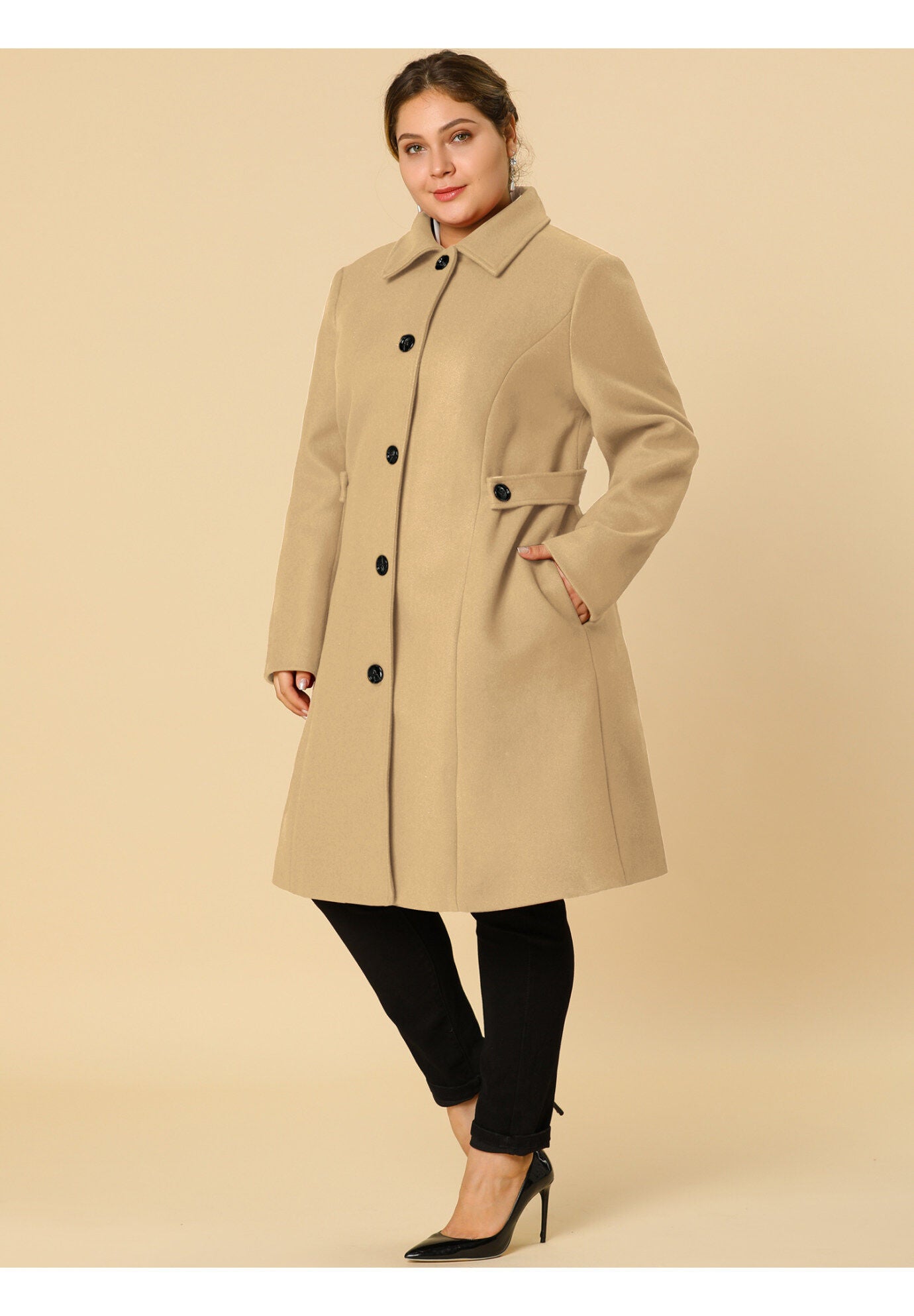 SINGLE BREASTED BELTED WINTER LONG COAT, Khaki / Taupe, alternate image number 3