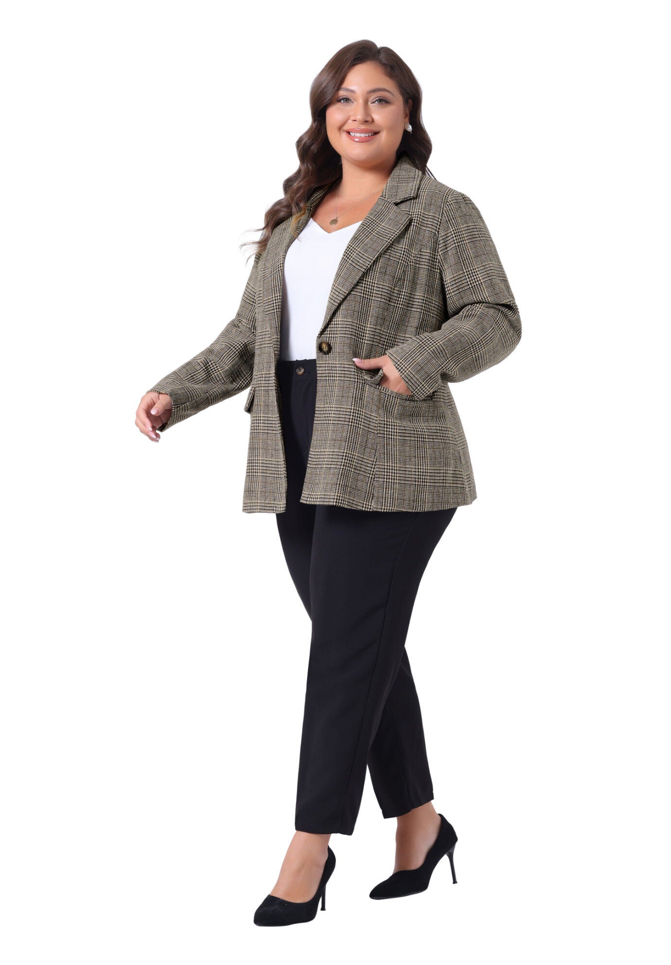 PLAID NOTCHED LAPEL CASUAL BLAZER, Black Brown / Black, hi-res image number 0