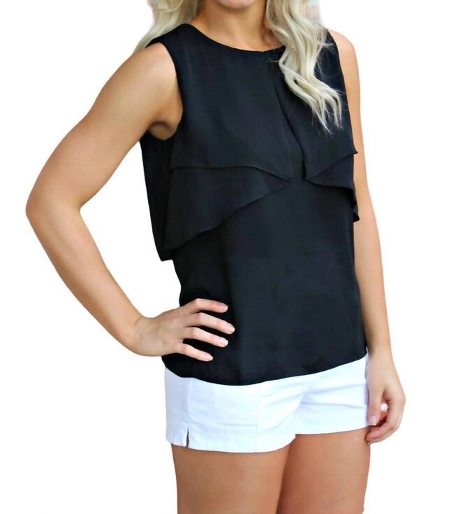 SLEEVELESS BLOUSE WITH FLAT RUFFLE IN BLACK, Black / Black, alternate image number null