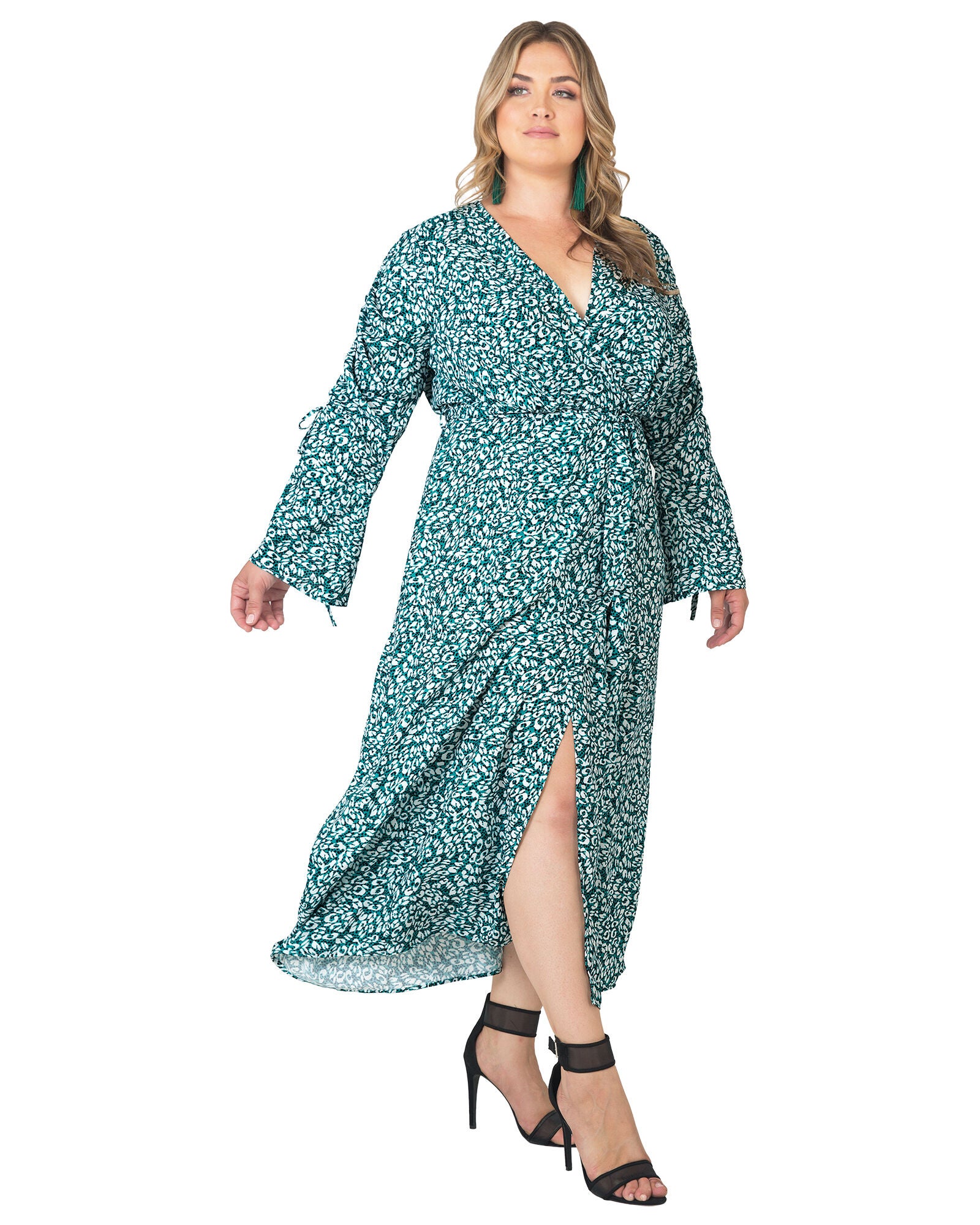 Standards & Practices Long Sleeve Maxi Wrap Dress, GREENLEOPARD / Light Green, alternate image number 3