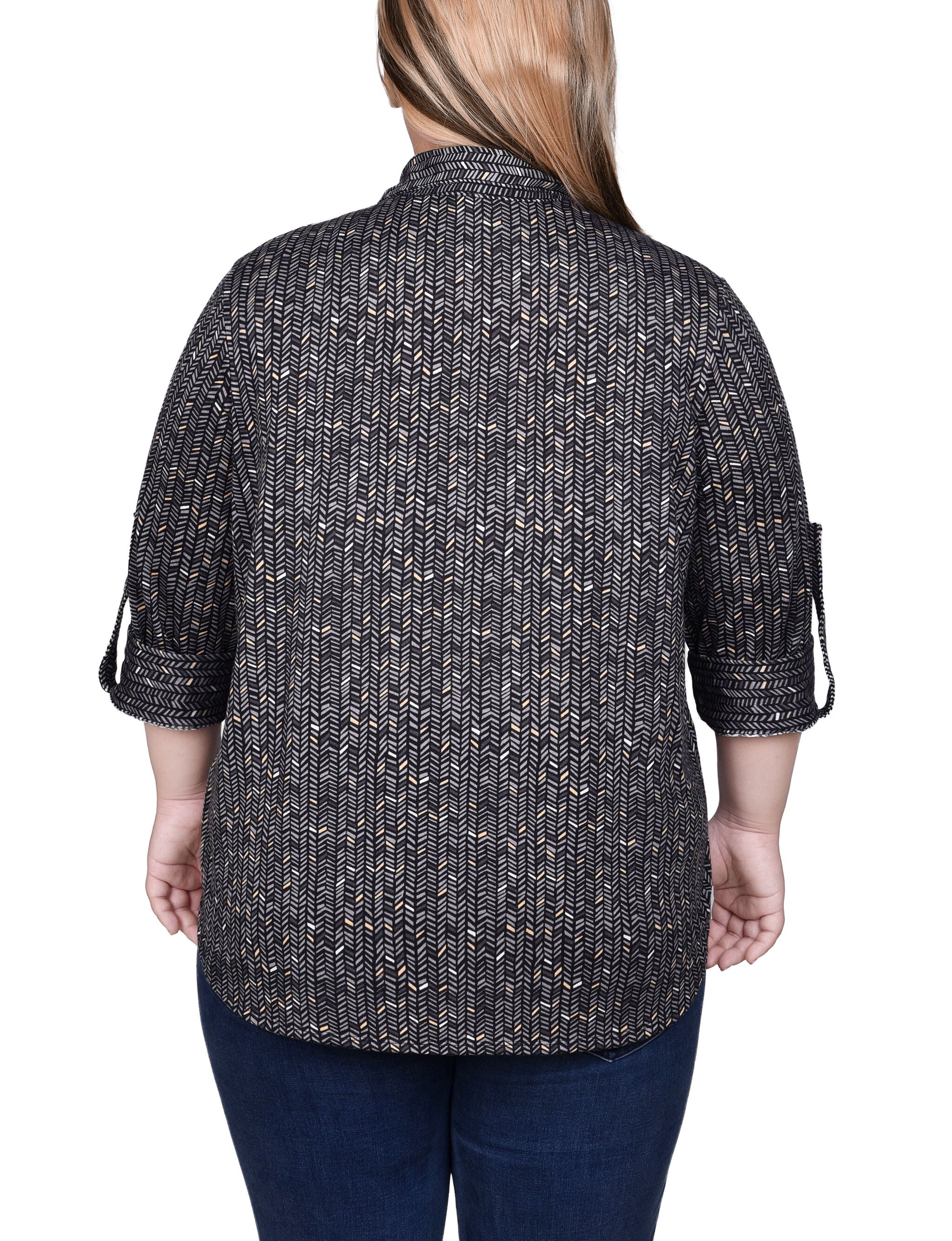 Long Sleeve Button Front Tunic Top, Grey Herring Bone, alternate image number 1