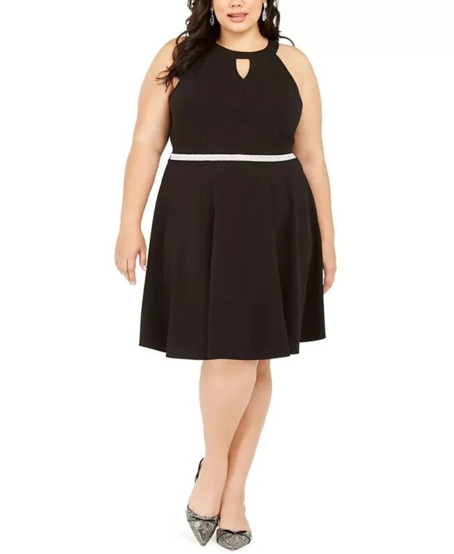 Emerald Sundae Women's Trendy Plus Size Rhinestone Keyhole Fit & Flare Dress Black Size 3X, Black / Black, hi-res image number 0