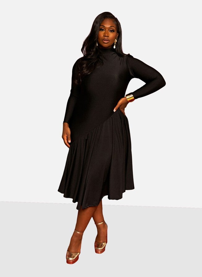 Holly Assymetrical Skater Midi Dress, Black / Black, alternate image number 1