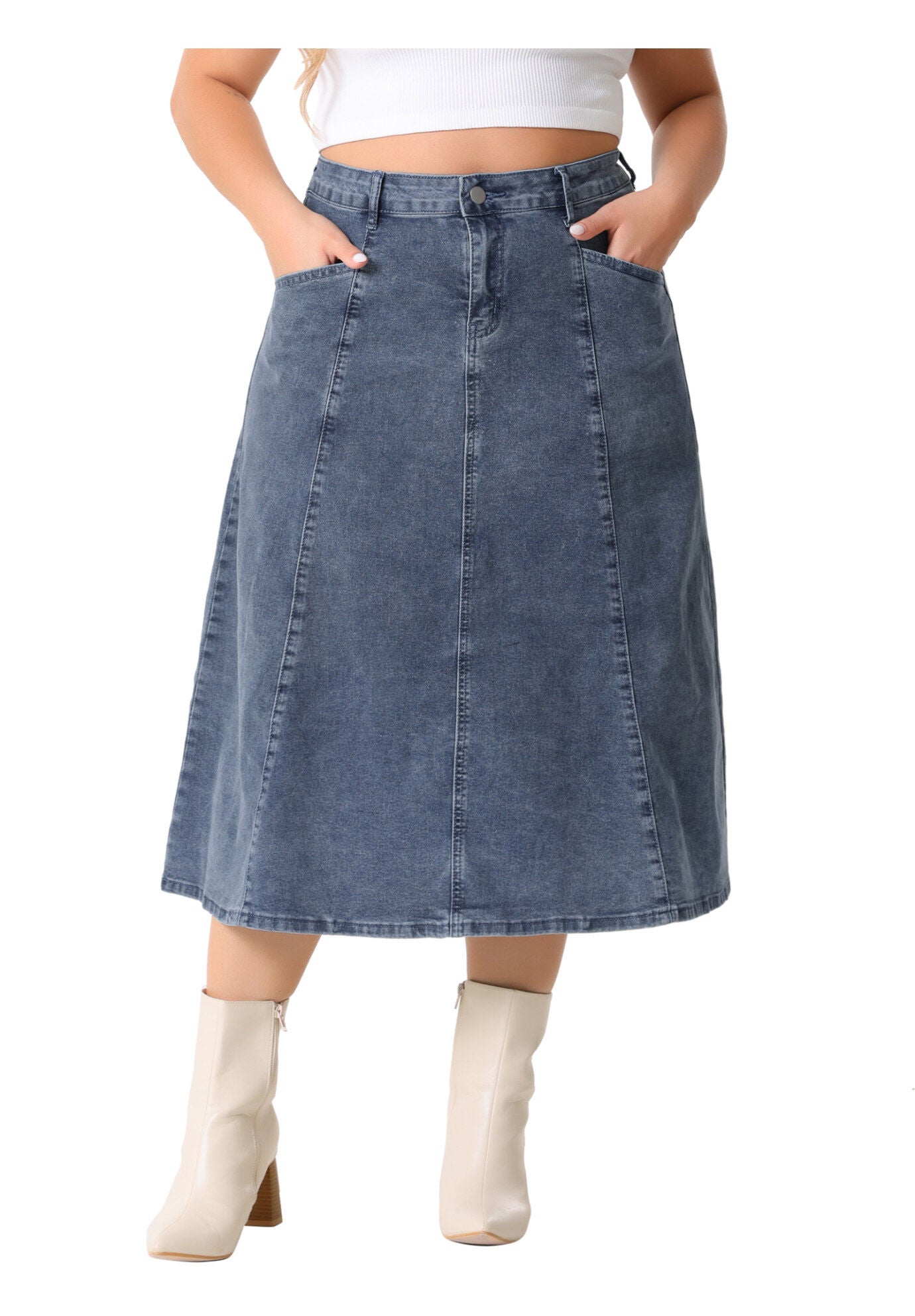 Denim Vintage High Waist with Pockets A-Line Midi Jean Skirt, Grey Blue / Dusty Blue, alternate image number 2