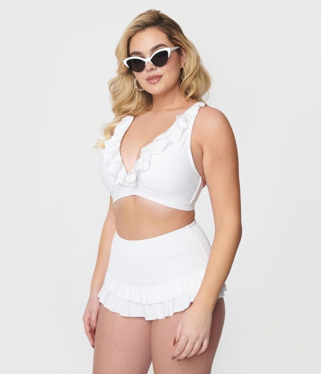 White Ruffle Halter Swim Top, , alternate image number null