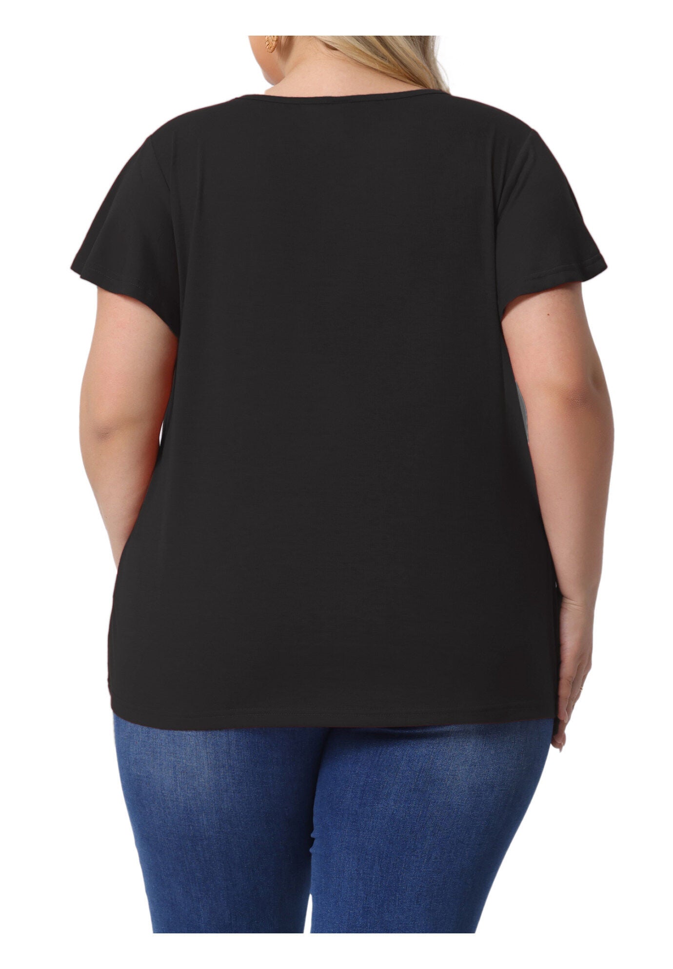 V Neck Ruffle Short Sleeve T-Shirt Tee Top, Black / Black, alternate image number 3