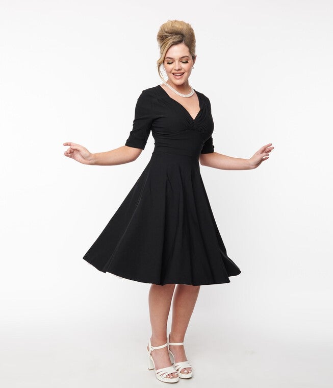 Unique Vintage Black Delores Swing Dress with Sleeves, Black / Black, alternate image number 1