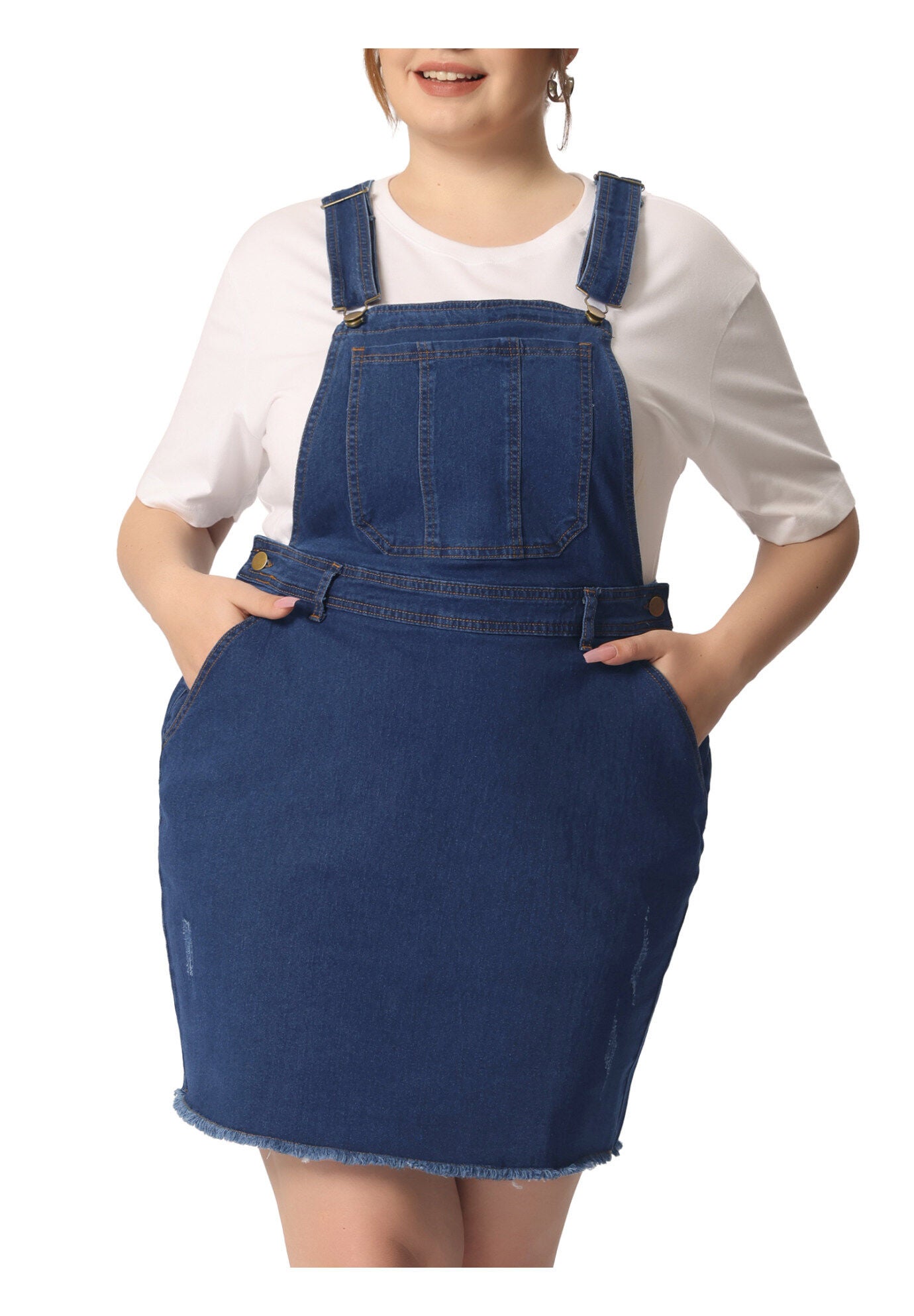 ADJUSTABLE STRAP DISTRESSED DENIM SUSPENDER SKIRT OVERALL DRESS, Blue / Navy, alternate image number 2