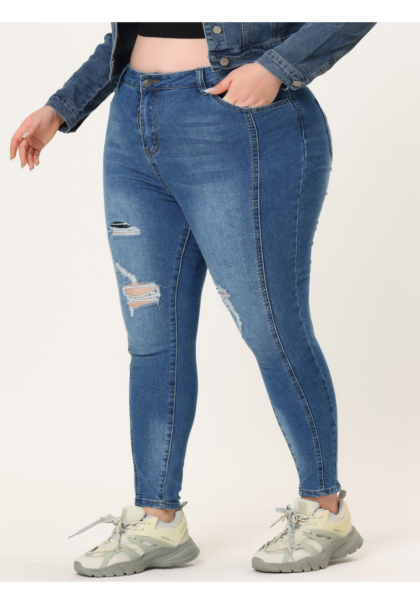 MID RISE STRETCH WASHED SKINNY JEANS DENIM JEGGINGS, BlueRipped / Dusty Blue, hi-res image number 0