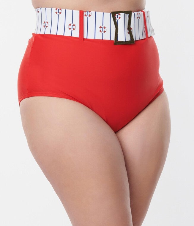 Unique Vintage Red High Waist Belted Swim Bottom, , alternate image number null