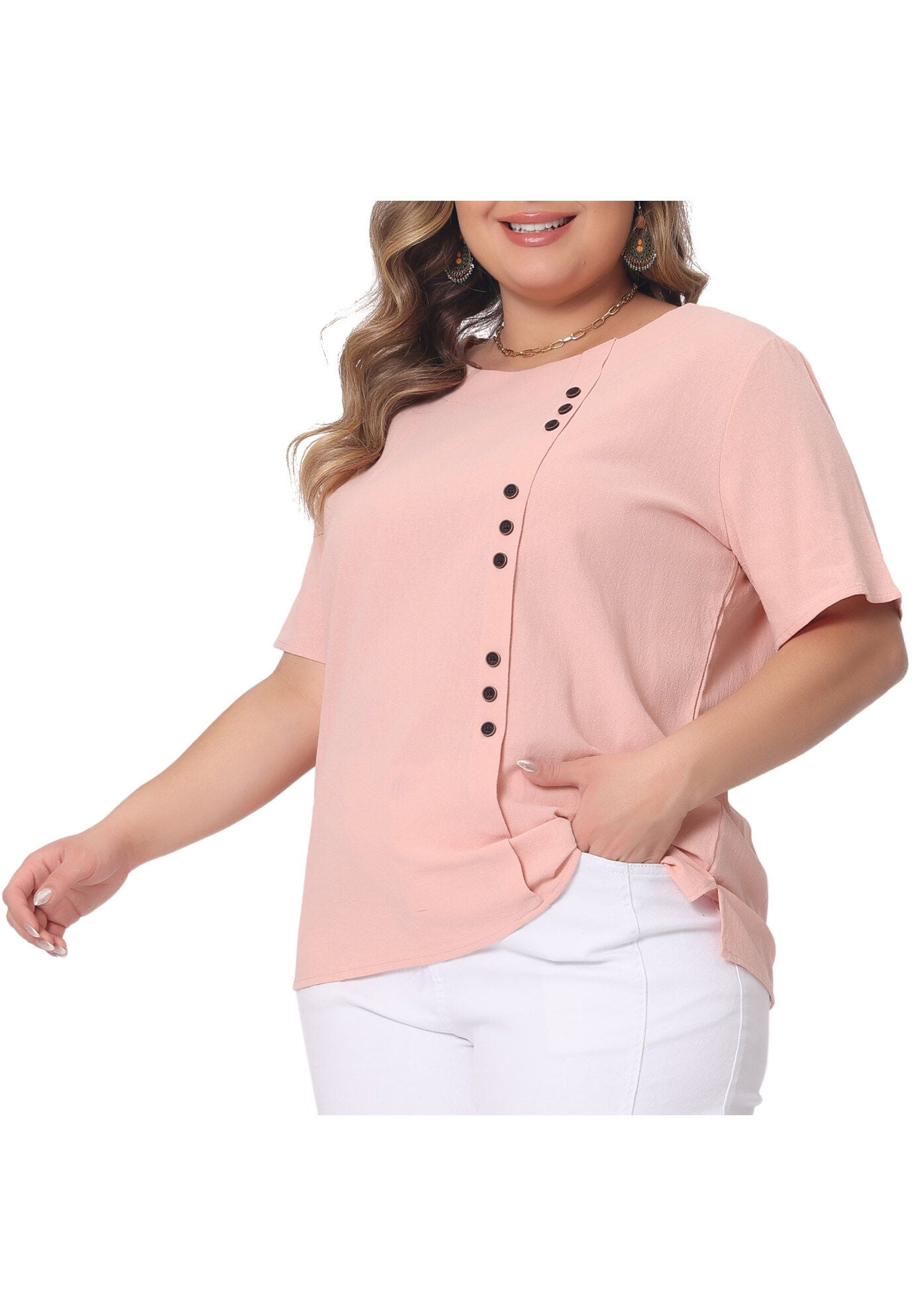 Short Sleeve Round Neck Cotton Linen T-Shirt Top, Pink / Pink, alternate image number 1