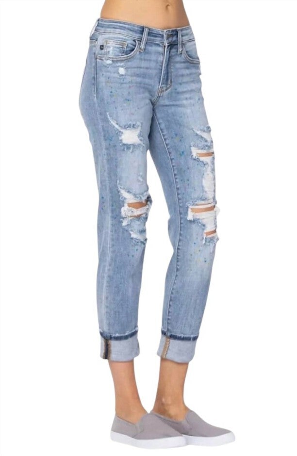 PAINT SPLASH DESTROYED BOYFRIEND JEANS, Blue Paint Speckled / Azure Blue, alternate image number 2