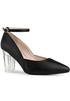 Pointed Toe Ankle Strap Clear Chunky Heel Pumps