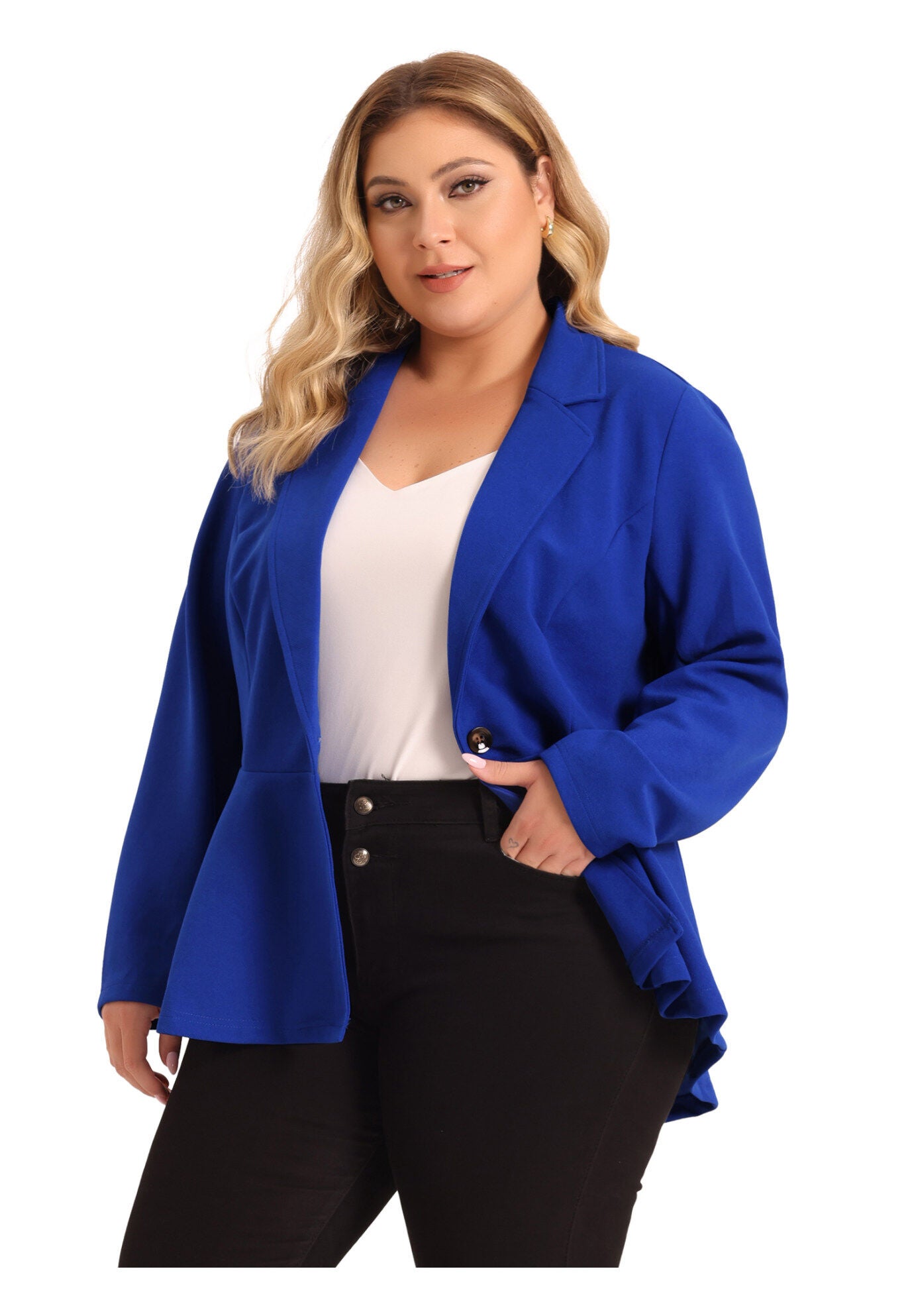 Ruffle V-Neck Button-Front Peplum Blazer, Cobalt Blue / Cornflower Blue, alternate image number 2
