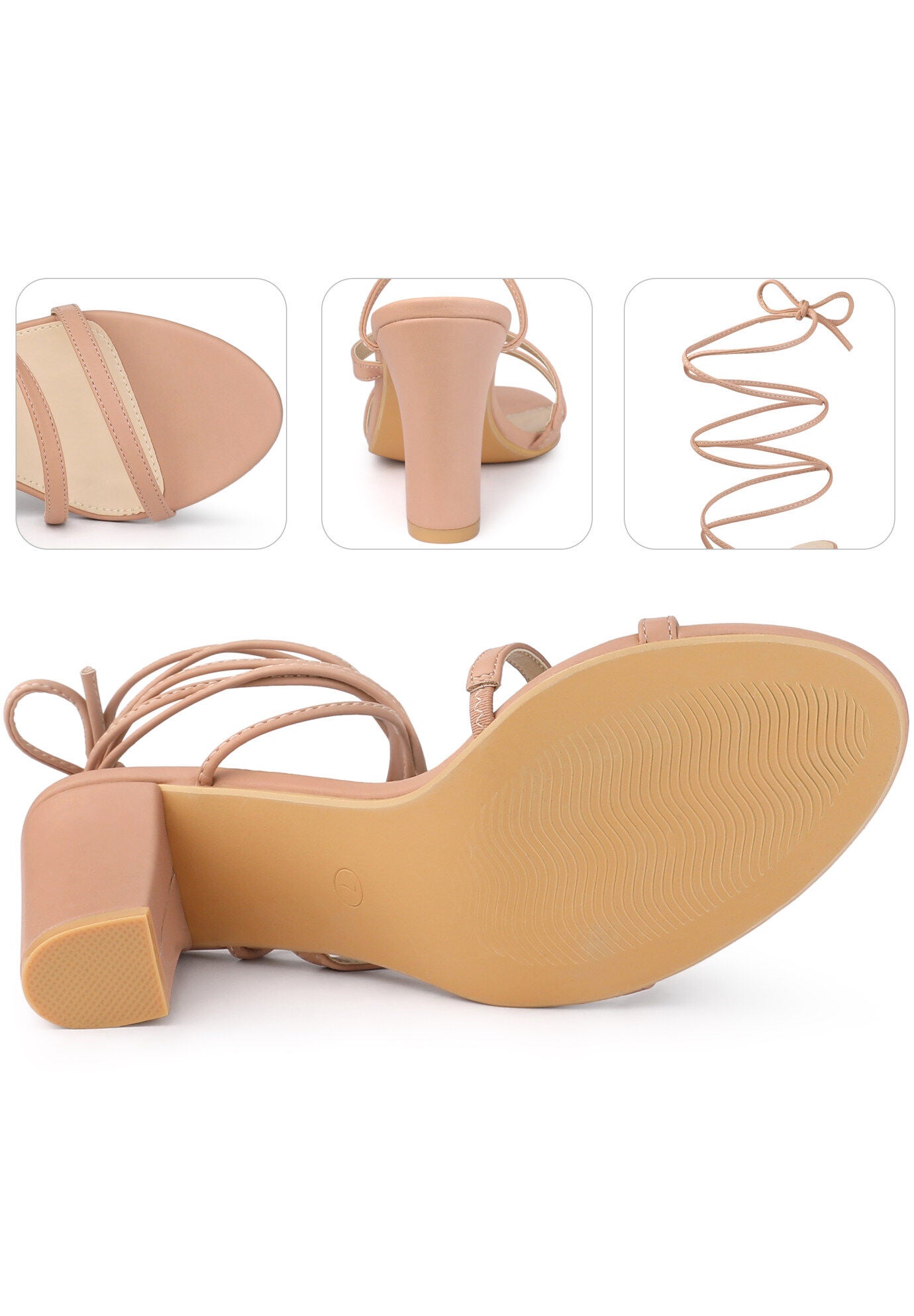 Lace Up Block Heel Strappy Heels Sandals, Nude / Tan, alternate image number 1