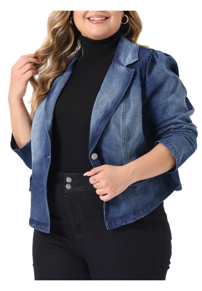 JEAN LAPEL LONG SLEEVE DENIM BLAZER, Dark Blue / Navy, alternate image number 1