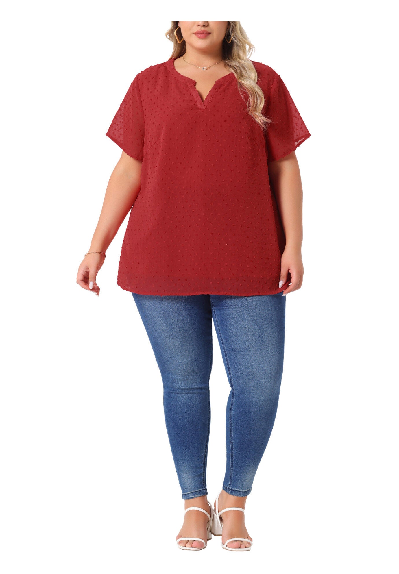 Swiss Dots Notched Neck Short Sleeve Basic Blouse, Red / Red, hi-res image number 0