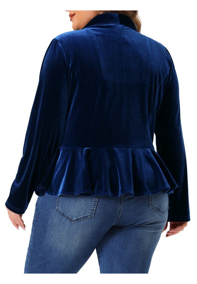 RUFFLE CARDIGAN VELVET PEPLUM BLAZER, Blue / Royal Blue, alternate image number 3