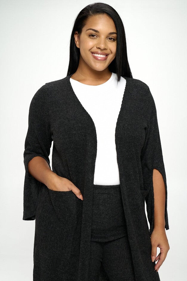 SPLIT SLEEVE CARDIGAN AND PANTS SET, Black / Black, alternate image number 2